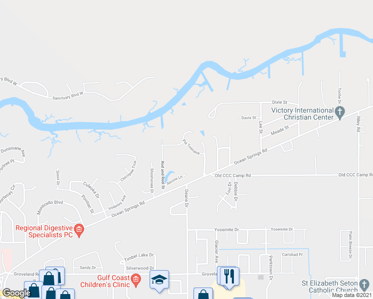 map of restaurants, bars, coffee shops, grocery stores, and more near 5615 Via Toscana in Ocean Springs