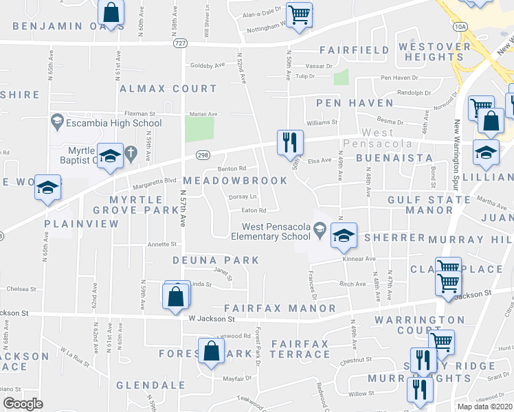 map of restaurants, bars, coffee shops, grocery stores, and more near 8 Eaton Road in Pensacola