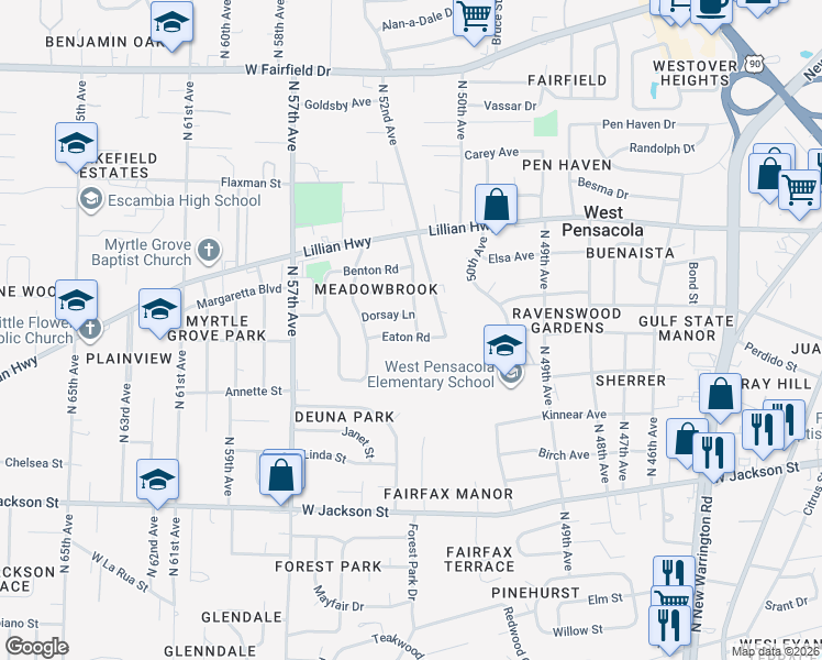 map of restaurants, bars, coffee shops, grocery stores, and more near 4 Eaton Road in Pensacola