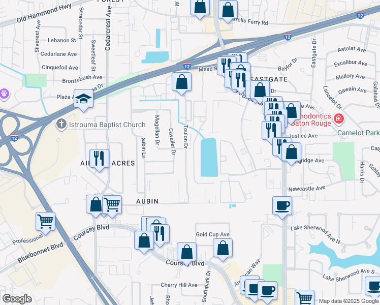 map of restaurants, bars, coffee shops, grocery stores, and more near 3023 Toulon Drive in Baton Rouge