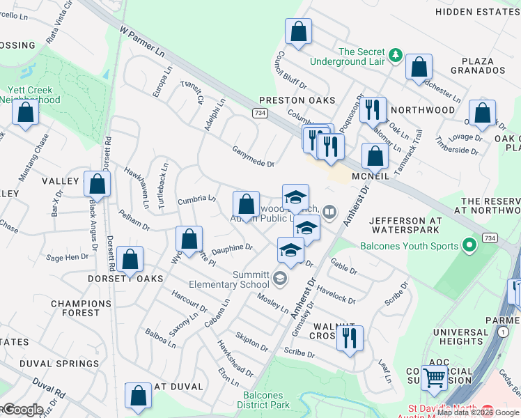 map of restaurants, bars, coffee shops, grocery stores, and more near 12406 Blossomwood Drive in Austin