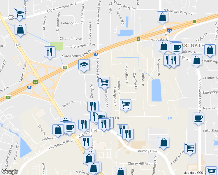 map of restaurants, bars, coffee shops, grocery stores, and more near 3075 Crestwood Street in Baton Rouge