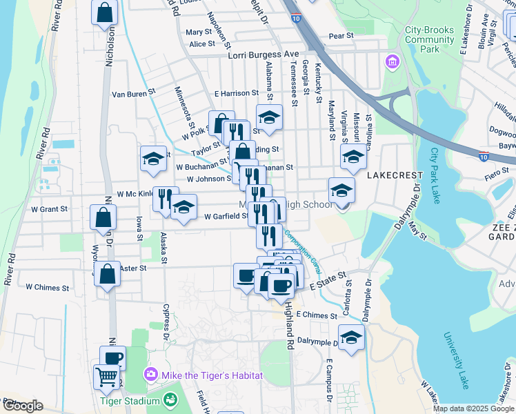 map of restaurants, bars, coffee shops, grocery stores, and more near 2700 Highland Road in Baton Rouge