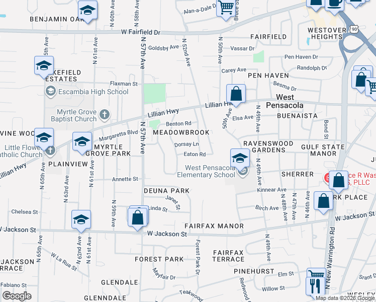 map of restaurants, bars, coffee shops, grocery stores, and more near 14 Eaton Road in Pensacola