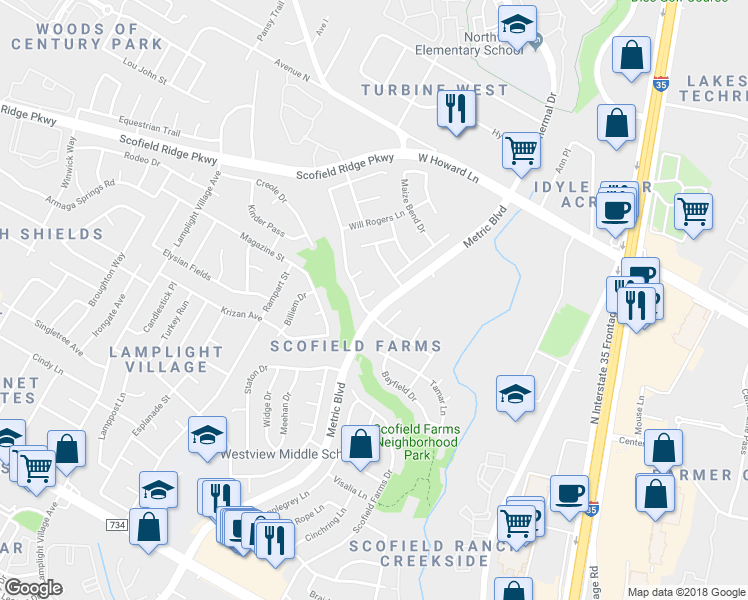 map of restaurants, bars, coffee shops, grocery stores, and more near 13309 Glacier Falls Court in Austin