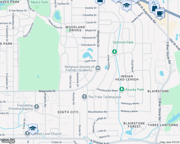 map of restaurants, bars, coffee shops, grocery stores, and more near 2017 Sumter Avenue in Tallahassee