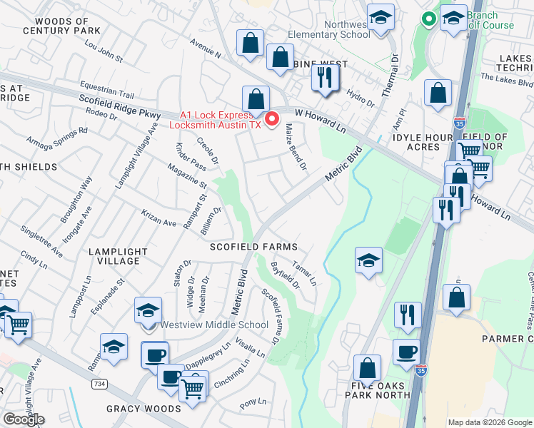 map of restaurants, bars, coffee shops, grocery stores, and more near 1720 Chasewood Drive in Austin