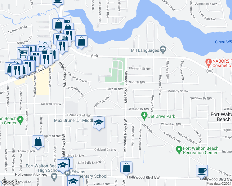 map of restaurants, bars, coffee shops, grocery stores, and more near 303 Leah Miller Drive Northwest in Ft Walton Bch