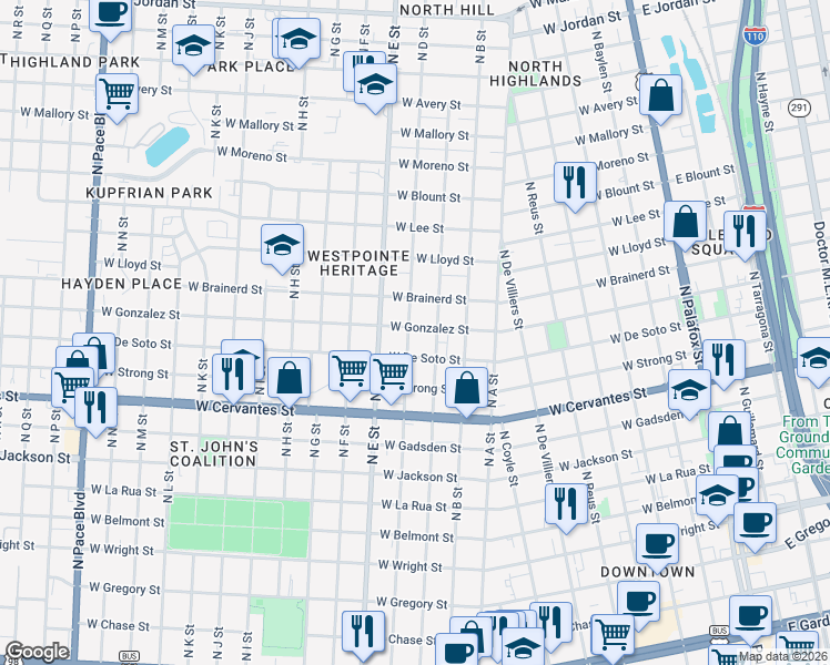 map of restaurants, bars, coffee shops, grocery stores, and more near 1019 North C Street in Pensacola