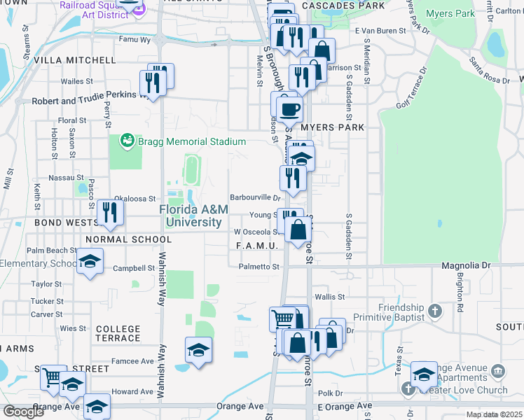 map of restaurants, bars, coffee shops, grocery stores, and more near 212 Young St in Tallahassee