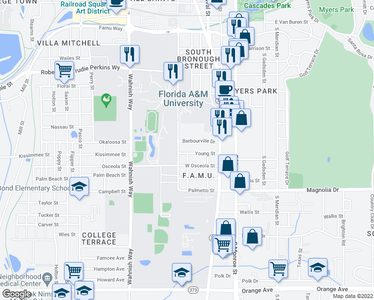 map of restaurants, bars, coffee shops, grocery stores, and more near 308 Young St in Tallahassee