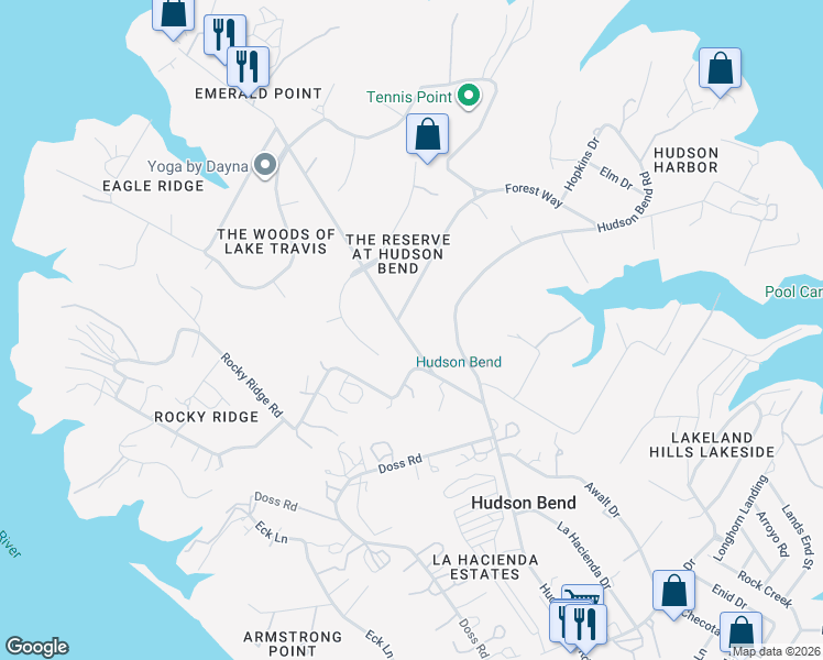 map of restaurants, bars, coffee shops, grocery stores, and more near 5519 Hiline Road in Austin