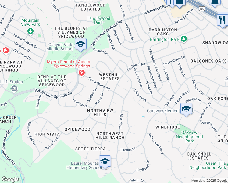map of restaurants, bars, coffee shops, grocery stores, and more near 11024 D-K Ranch Road in Austin