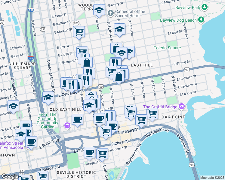 map of restaurants, bars, coffee shops, grocery stores, and more near 1102 East Gadsden Street in Pensacola