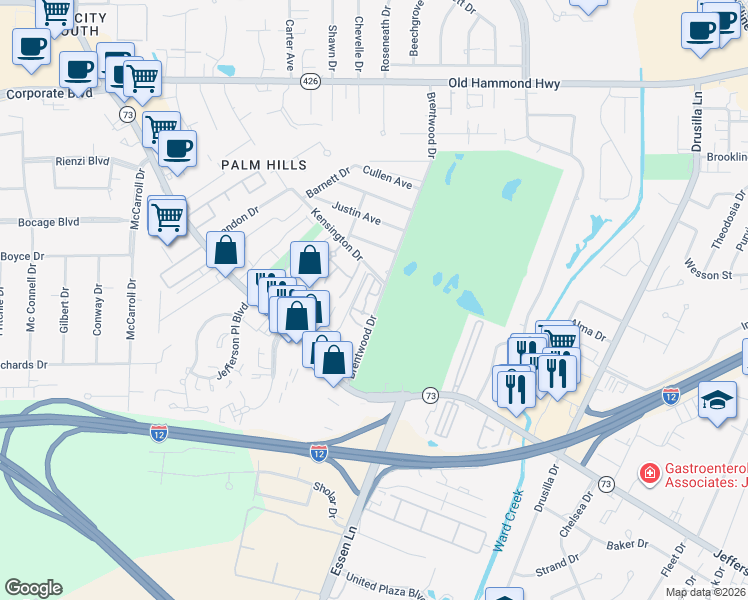 map of restaurants, bars, coffee shops, grocery stores, and more near 26 Country Club Place in Baton Rouge