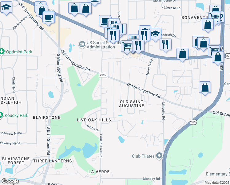 map of restaurants, bars, coffee shops, grocery stores, and more near 1531 Live Oak Drive in Tallahassee