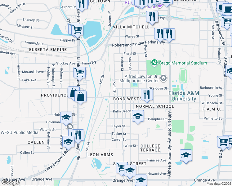 map of restaurants, bars, coffee shops, grocery stores, and more near 1941 Keith Street in Tallahassee