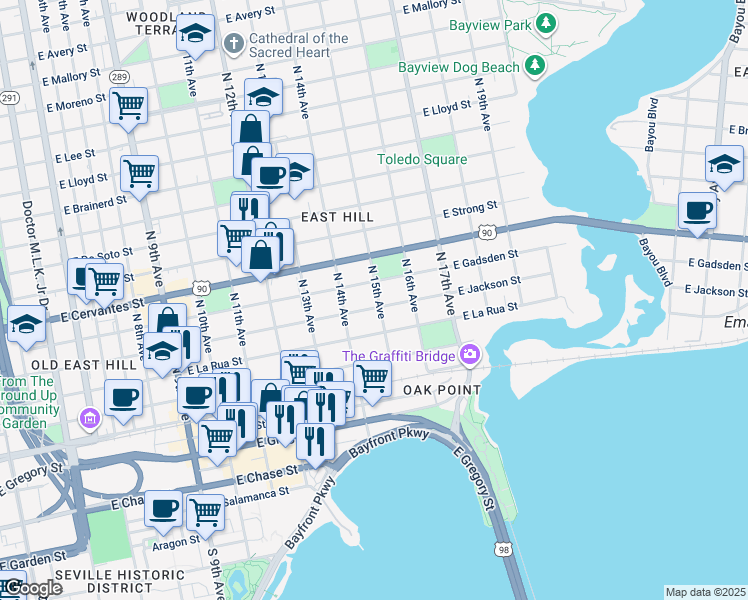 map of restaurants, bars, coffee shops, grocery stores, and more near 1430 East Jackson Street in Pensacola