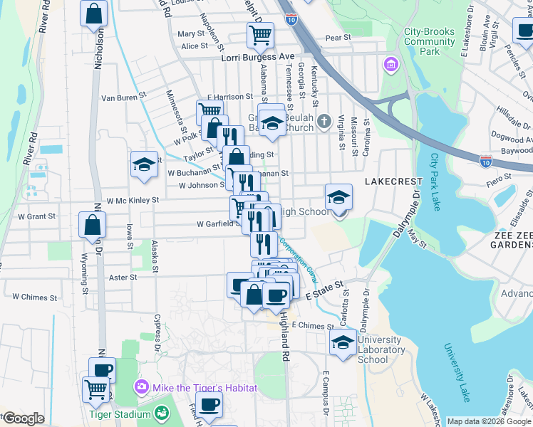 map of restaurants, bars, coffee shops, grocery stores, and more near 344 East Grant Street in Baton Rouge