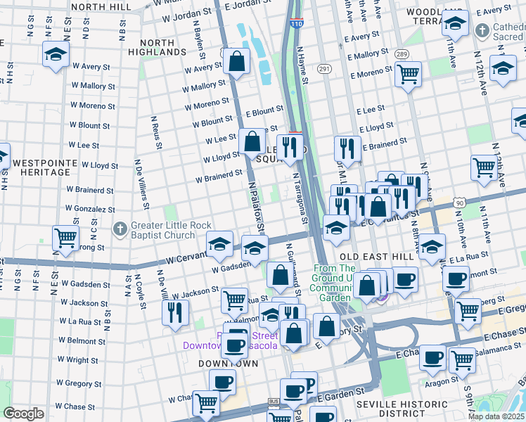 map of restaurants, bars, coffee shops, grocery stores, and more near 918 North Palafox Street in Pensacola