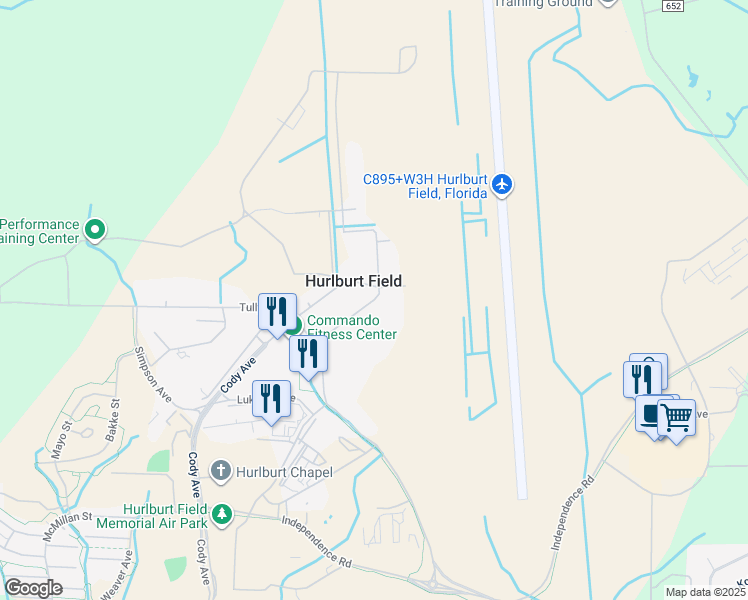 map of restaurants, bars, coffee shops, grocery stores, and more near Bennett Avenue in Hurlburt Field