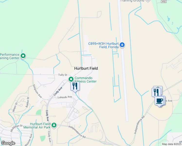 map of restaurants, bars, coffee shops, grocery stores, and more near Bennett Avenue in Hurlburt Field