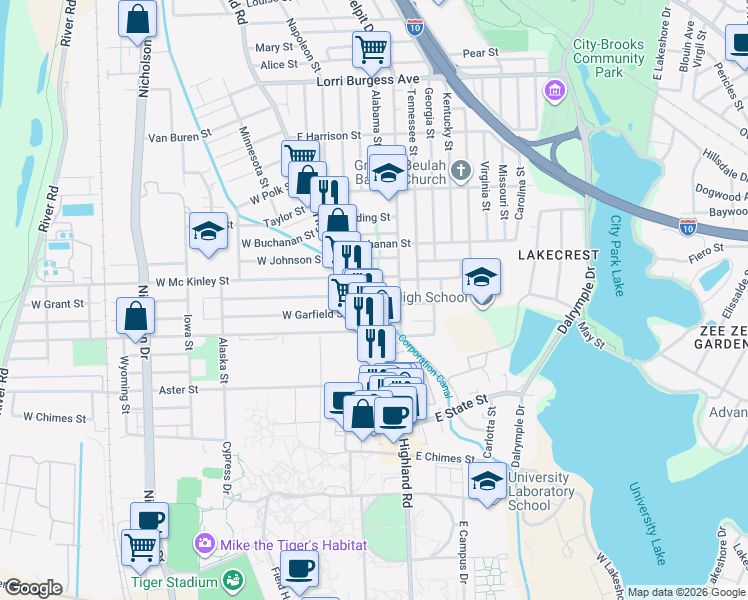 map of restaurants, bars, coffee shops, grocery stores, and more near 344 East Grant Street in Baton Rouge