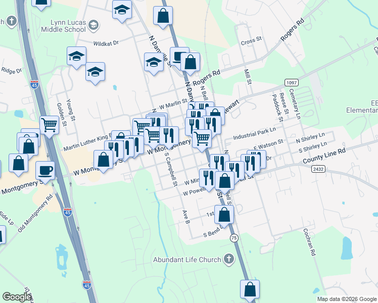 map of restaurants, bars, coffee shops, grocery stores, and more near 108 S Thomason St in Willis
