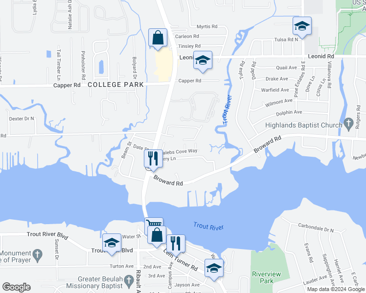 map of restaurants, bars, coffee shops, grocery stores, and more near 10316 Riverwalk Court in Jacksonville