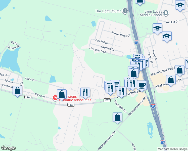 map of restaurants, bars, coffee shops, grocery stores, and more near 12599 Canyon Hill Drive in Willis