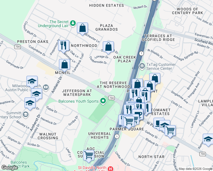 map of restaurants, bars, coffee shops, grocery stores, and more near 12510 Palfrey Drive in Austin