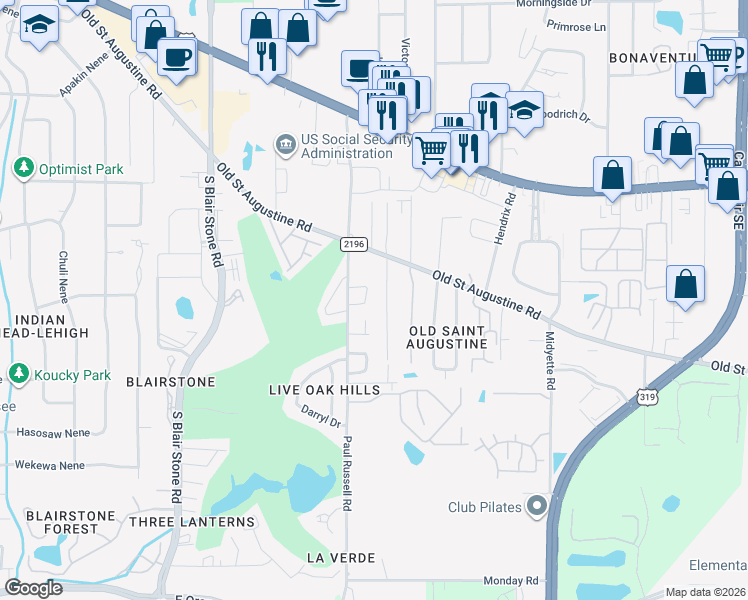 map of restaurants, bars, coffee shops, grocery stores, and more near 67 Paul Russell Circle in Tallahassee