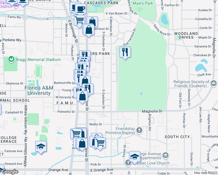map of restaurants, bars, coffee shops, grocery stores, and more near 1920 South Meridian Street in Tallahassee