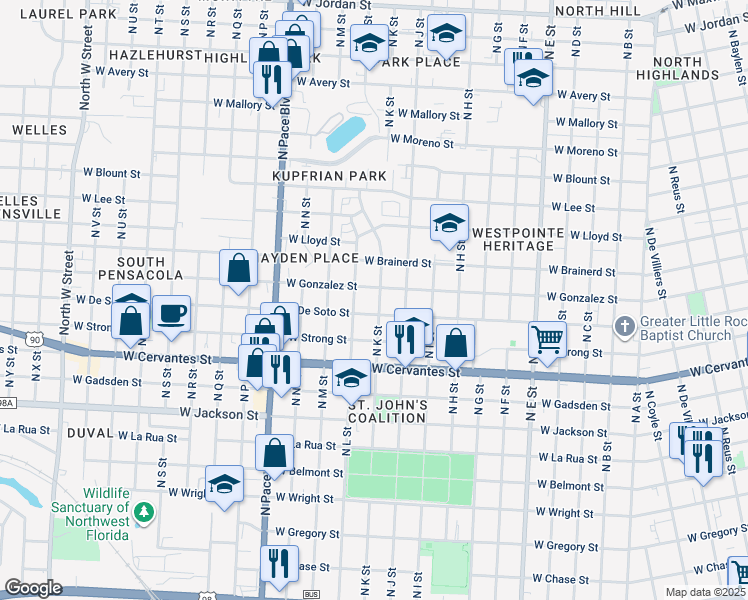 map of restaurants, bars, coffee shops, grocery stores, and more near 1609 West Gonzalez Street in Pensacola