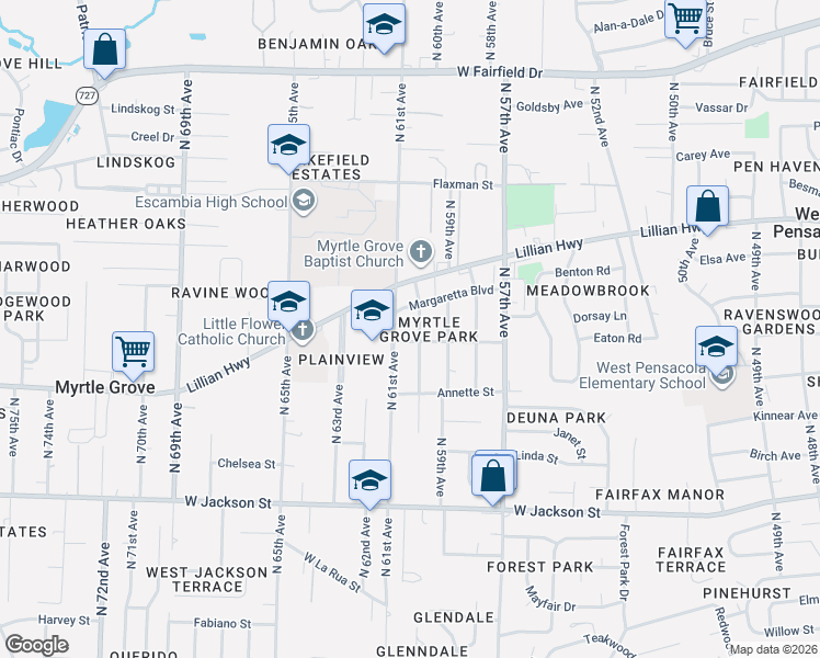 map of restaurants, bars, coffee shops, grocery stores, and more near 1007 North 60th Avenue in Pensacola