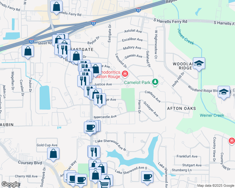 map of restaurants, bars, coffee shops, grocery stores, and more near 11999 Longridge Avenue in Baton Rouge