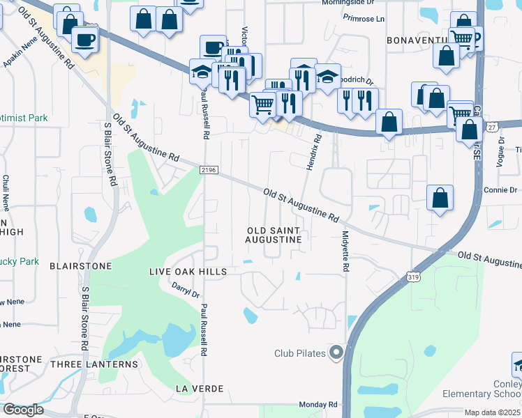 map of restaurants, bars, coffee shops, grocery stores, and more near 1536 Pine Forest Drive in Tallahassee