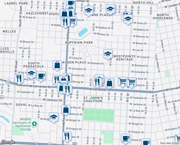 map of restaurants, bars, coffee shops, grocery stores, and more near 1609 West Gonzalez Street in Pensacola