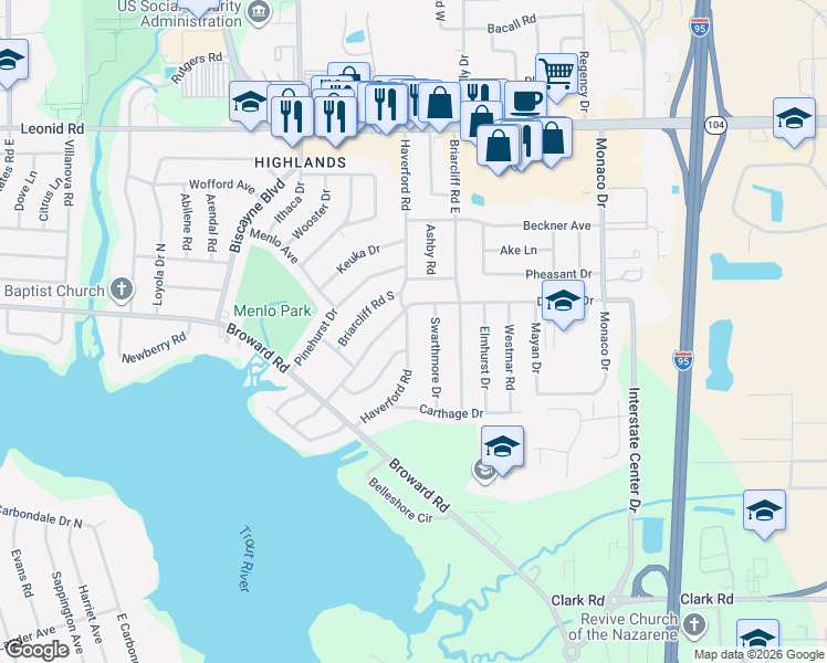 map of restaurants, bars, coffee shops, grocery stores, and more near 10321 Haverford Road in Jacksonville