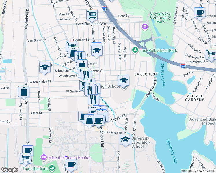 map of restaurants, bars, coffee shops, grocery stores, and more near 2674 Tennessee Street in Baton Rouge