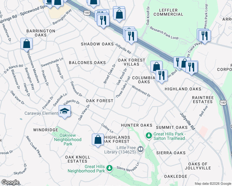 map of restaurants, bars, coffee shops, grocery stores, and more near 11521 Oak Knoll Drive in Austin