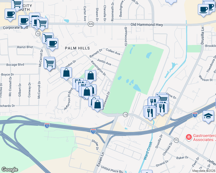 map of restaurants, bars, coffee shops, grocery stores, and more near 26 Country Club Place in Baton Rouge