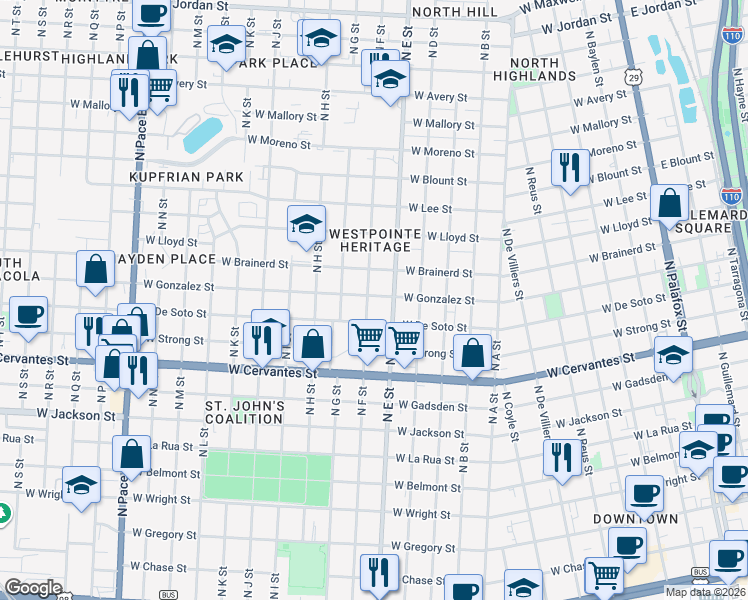 map of restaurants, bars, coffee shops, grocery stores, and more near 1022 North F Street in Pensacola