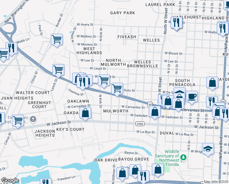 map of restaurants, bars, coffee shops, grocery stores, and more near 3422 Mobile Highway in Pensacola