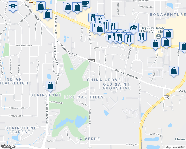 map of restaurants, bars, coffee shops, grocery stores, and more near 67 Paul Russell Circle in Tallahassee