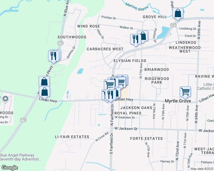 map of restaurants, bars, coffee shops, grocery stores, and more near 8177 Imperial Drive in Pensacola