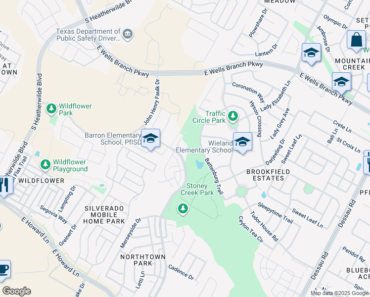 map of restaurants, bars, coffee shops, grocery stores, and more near 812B Emily Dickenson in Pflugerville