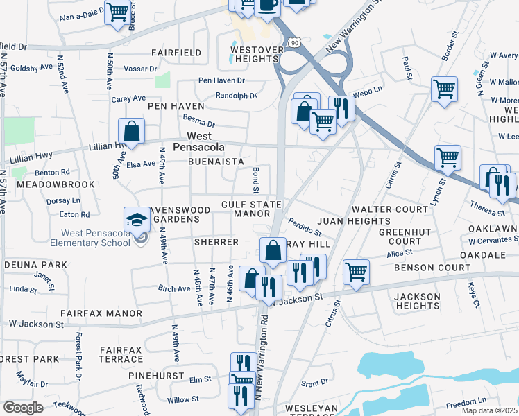 map of restaurants, bars, coffee shops, grocery stores, and more near 110 State St in Pensacola