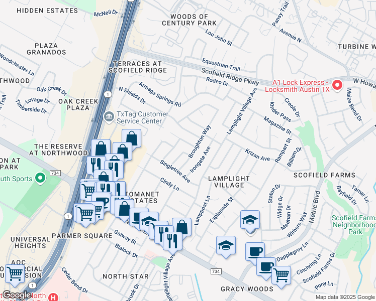 map of restaurants, bars, coffee shops, grocery stores, and more near 12818 Copper Cliff Avenue in Austin