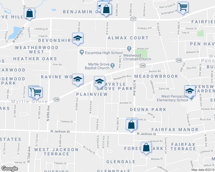 map of restaurants, bars, coffee shops, grocery stores, and more near 1010 North 61st Avenue in Pensacola